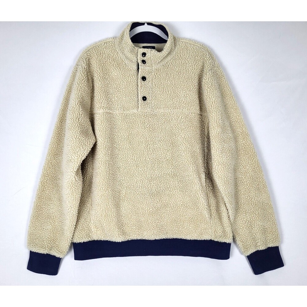 J Crew Authentic Fleece Sherpa Pullover Sweater Mens XL 1/4 Snap Ivory